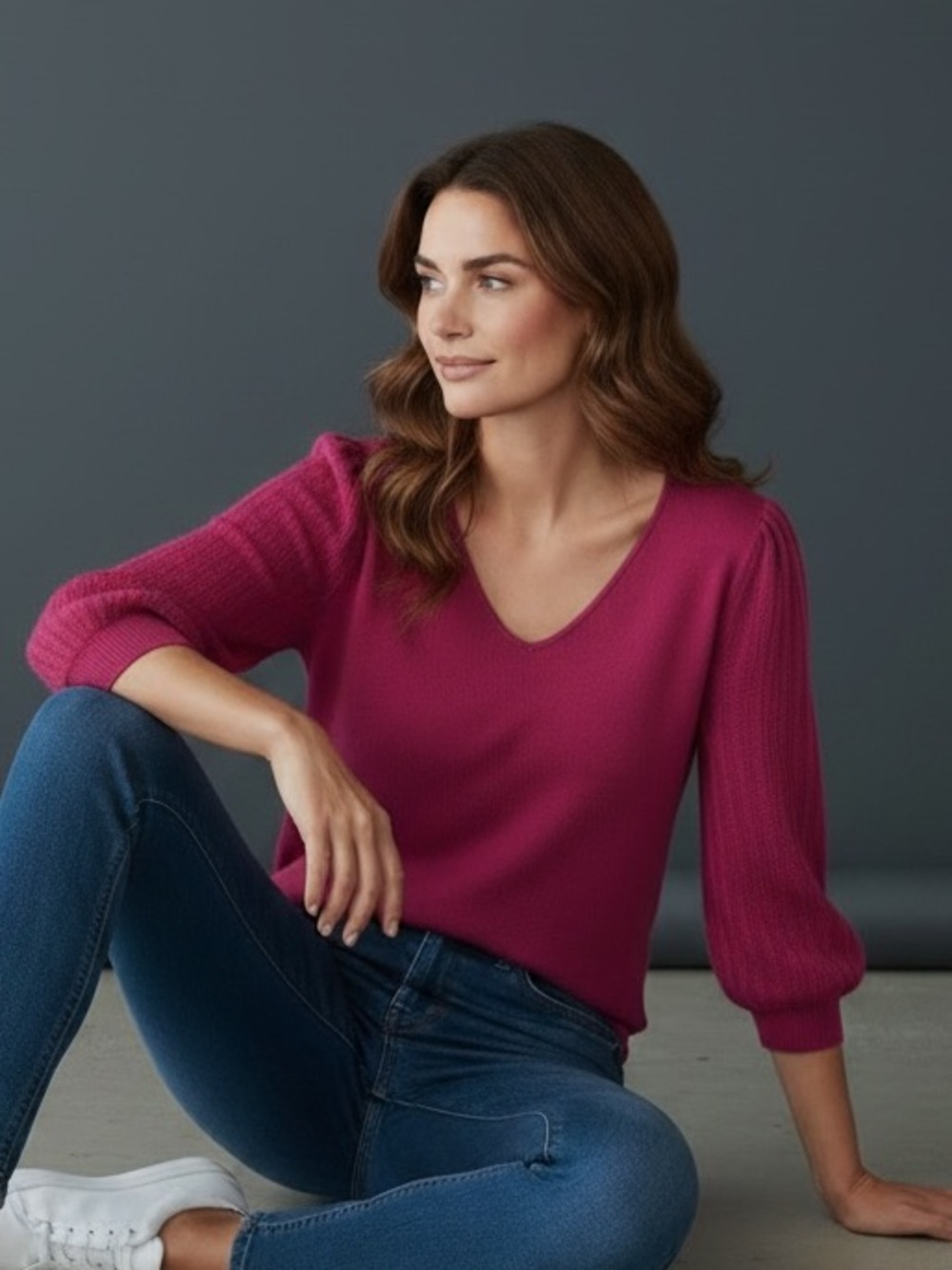 Faith and Zoe Balloon Sleeve V-Neck Pullover Sweater